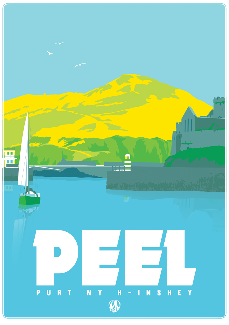 Peel castle and harbour with lighthouse and sailing boat with hills in background